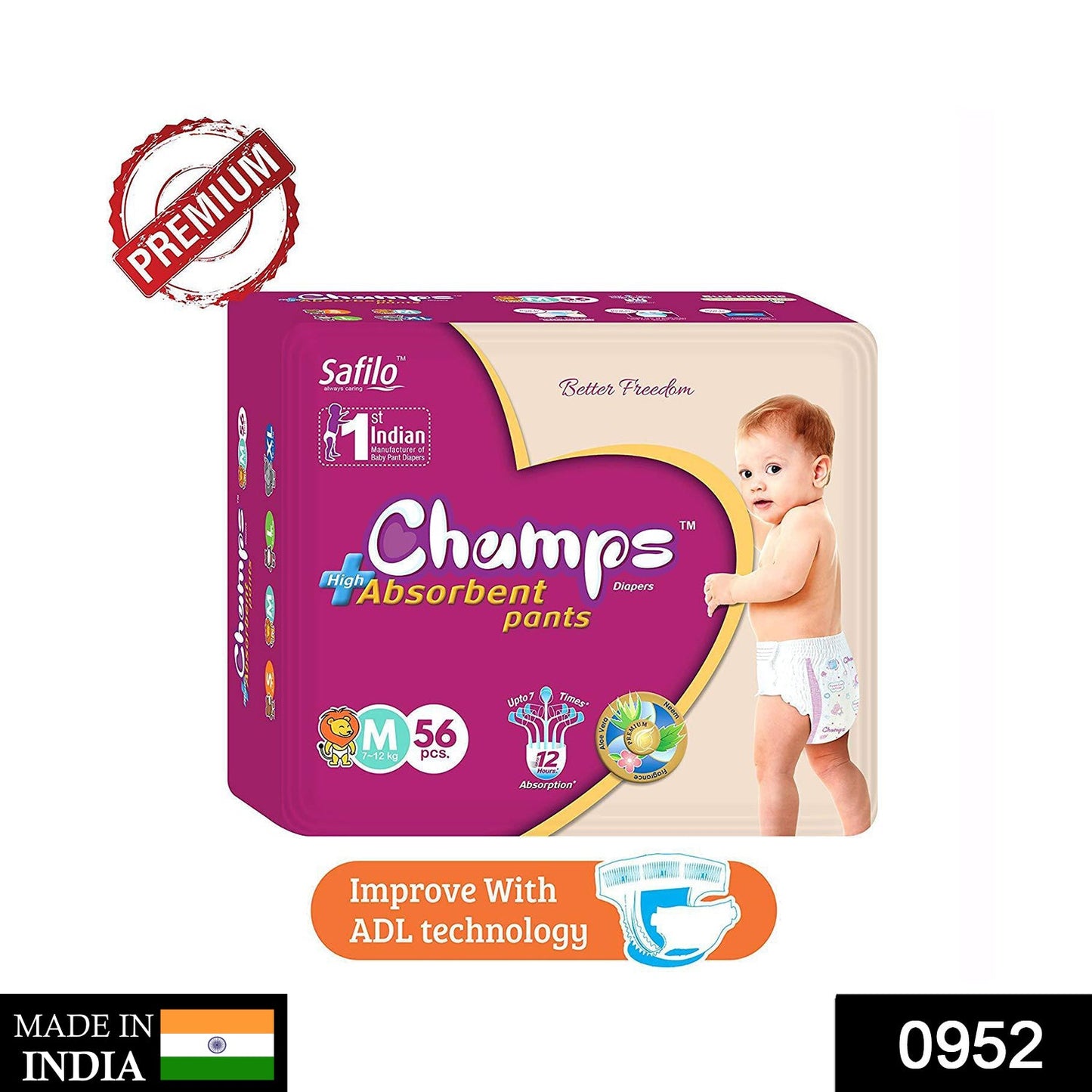 952 Premium Champs High Absorbent Pant Style Diaper Medium Size, 40 Pieces (952_Medium_40) Champs