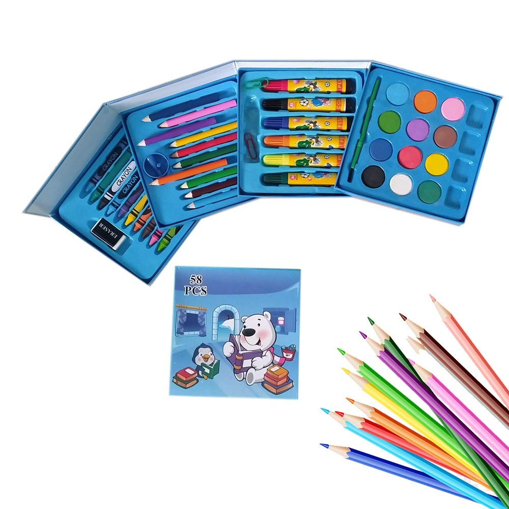 858 Plastic Art Colour Set 58 pcs with Color Pencil, Crayons, Oil Pastel and Sketch Pens