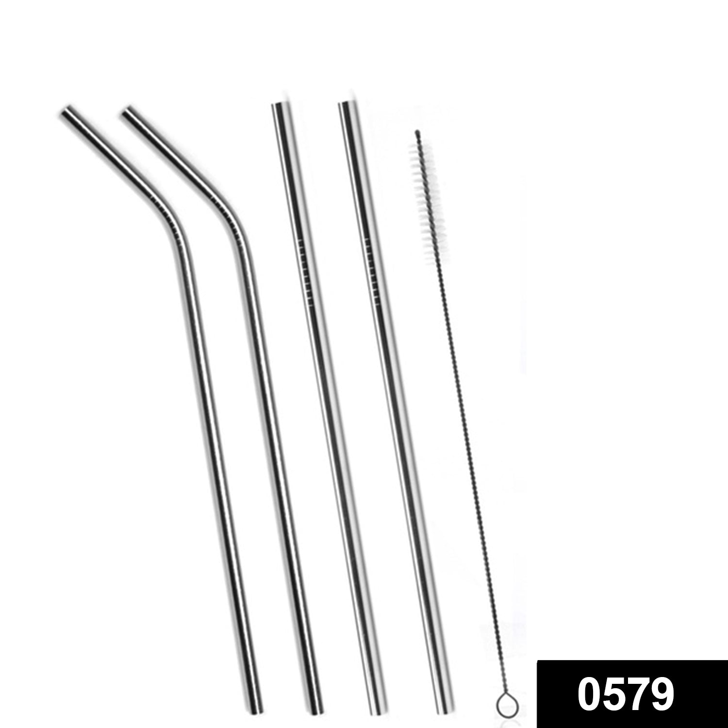 579 Set of 4 Stainless Steel Straws & Brush (2 Straight straws, 2 Bent straws, 1 Brush) 