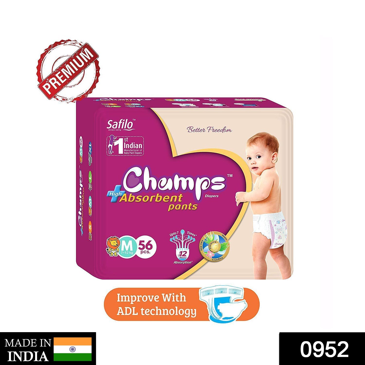 952 Premium Champs High Absorbent Pant Style Diaper Medium Size, 40 Pieces (952_Medium_40) Champs